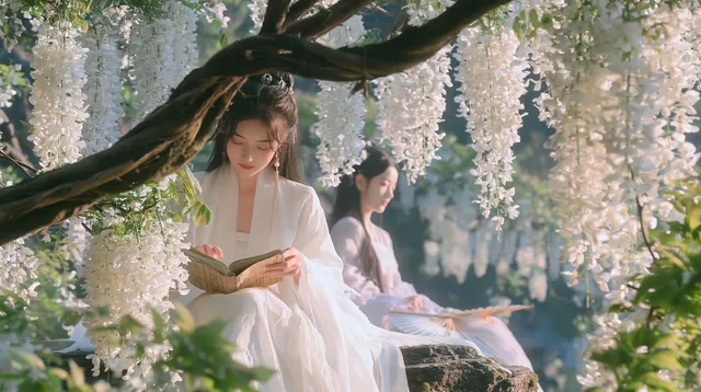 紫藤花谷，坐石读书 场景设定：【幽静山涧＋巨型紫藤＋花下读书＋薄云春晴】。 生成一幅中式巨物美学画面，横向16:9构图，真实古装人物、细腻植物材质、东方诗意的电影光影，聚焦垂落紫藤花序之间的读书瞬间。 【巨物与空间】 古老巨型紫藤从山涧两侧攀生，自然弯曲的木质