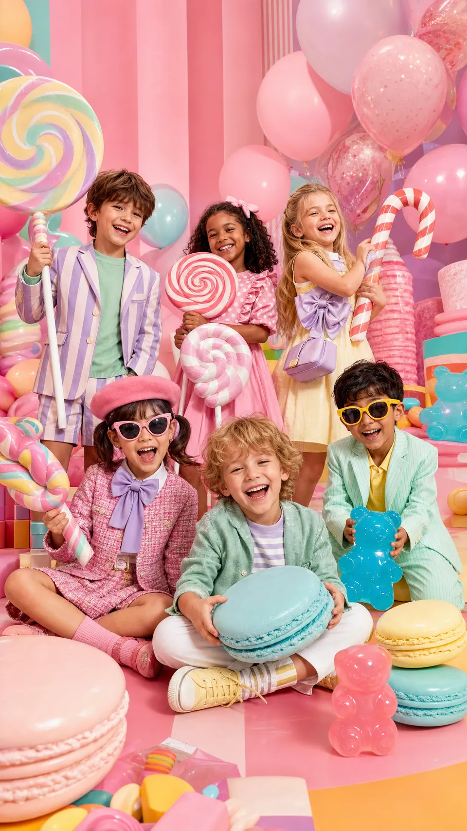 پرامپت عکاسی با چت جی پی تی GPT Image : A playful studio photoshoot featuring six… - ساخته‌شده با چت جی پی تی GPT Image