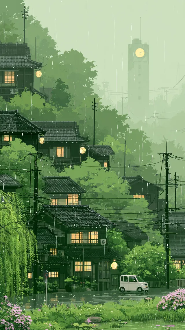 A rain-soaked Japanese hillside neighborhood rises throug...