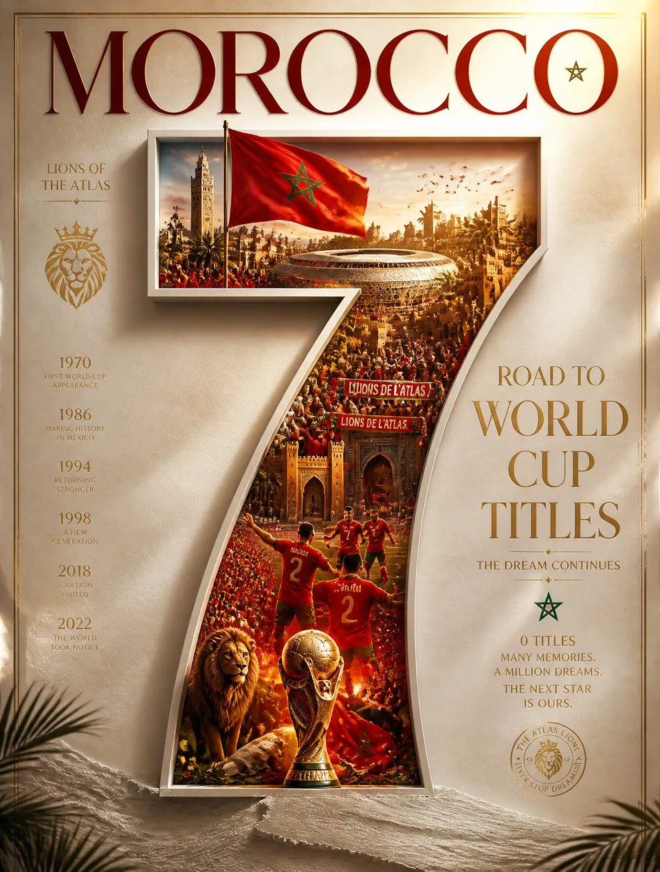 پرامپت طراحی با چت جی پی تی GPT Image : MOROCCO WORLD CUP TITLES: Lions of the Atlas… - ساخته‌شده با چت جی پی تی GPT Image
