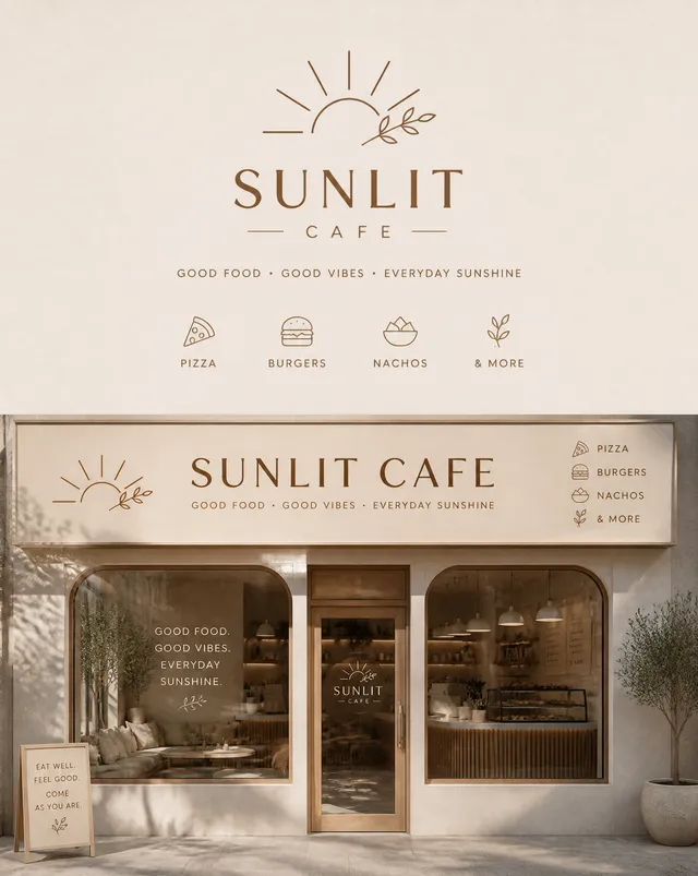 Create a logo and front hoarding design for our cafe. The...