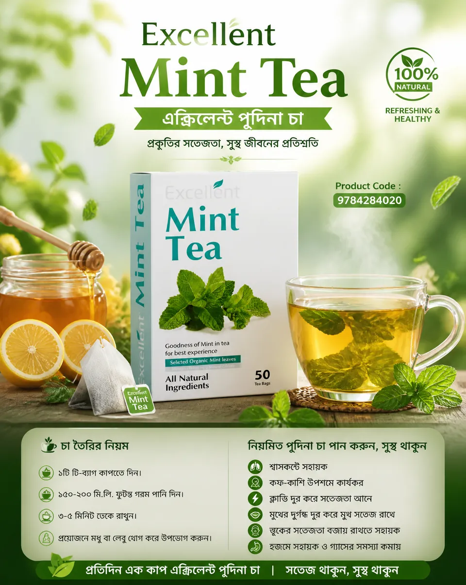 پرامپت محصول با چت جی پی تی GPT Image : একটি আকর্ষণীয় ও পেশাদার Excellent Mint Tea -… - ساخته‌شده با چت جی پی تی GPT Image
