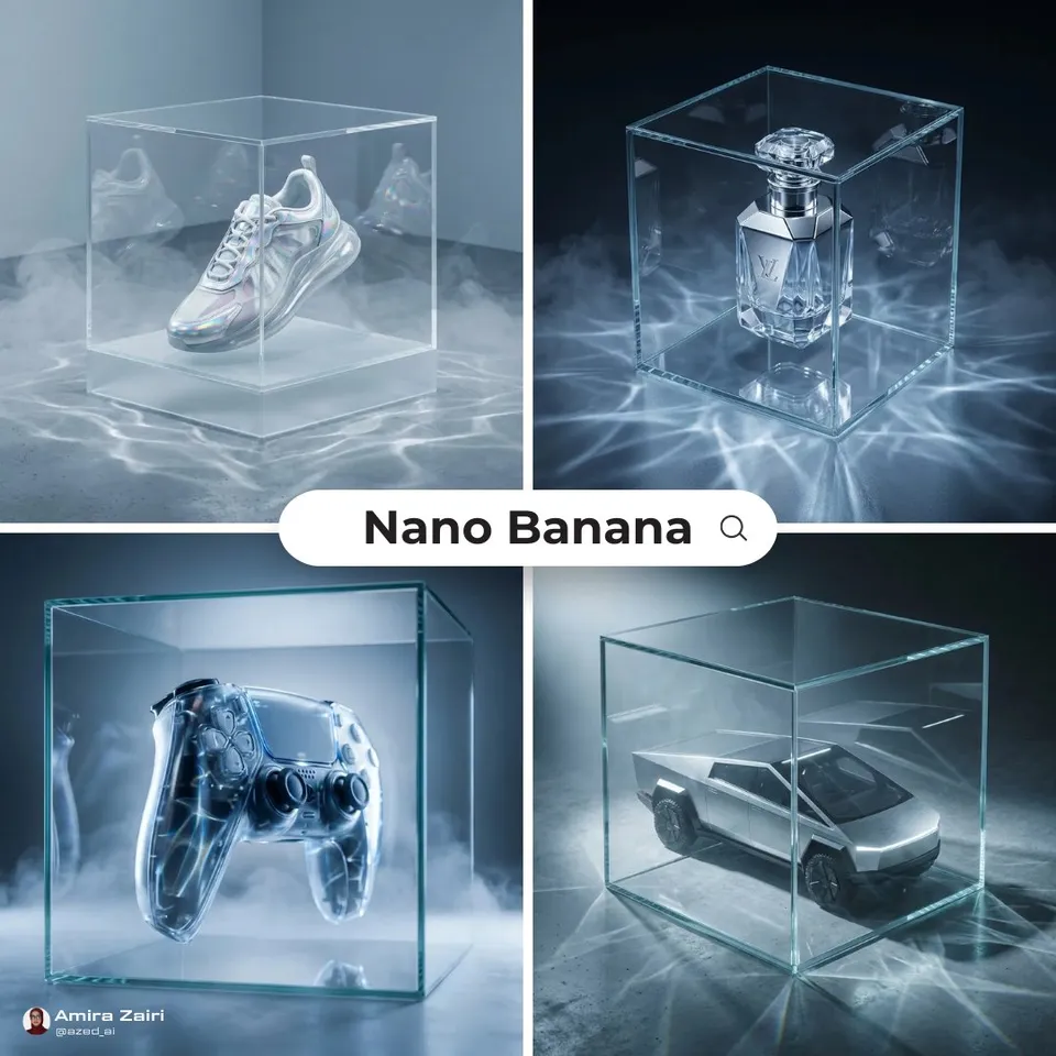 پرامپت لوگو با نانو بنانا جمینای : product , futuristic high-end ad, transparent… - ساخته‌شده با نانو بنانا جمینای