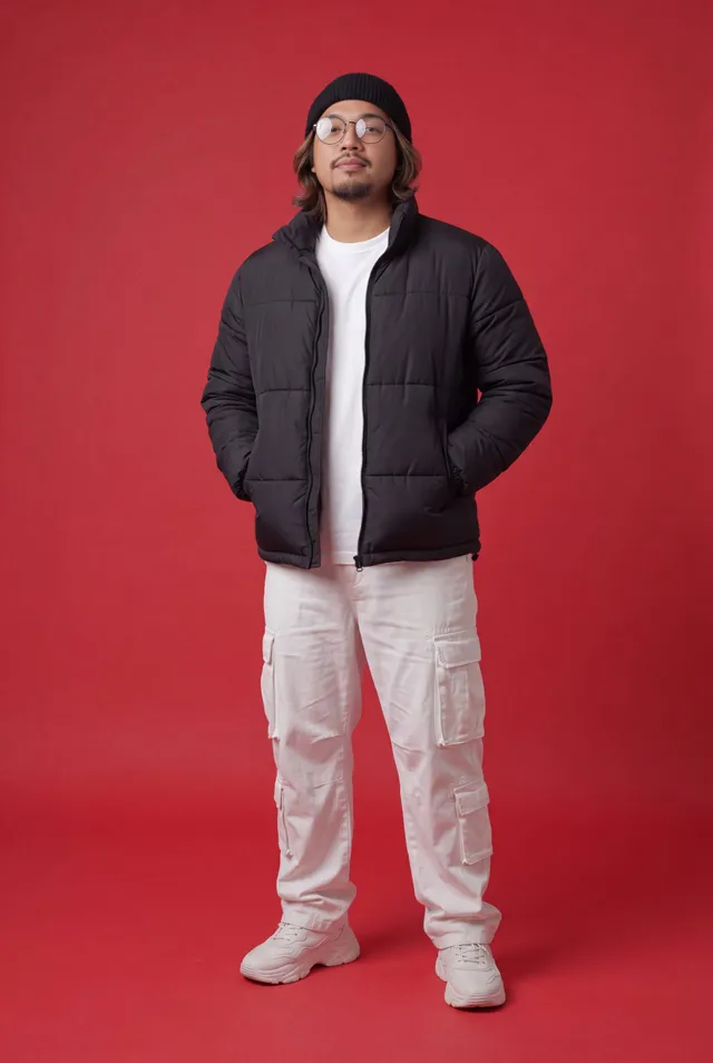 Ultra-realistic full-body studio fashion portrait of a stylish young man standing confidently, looking slightly upward. He wears a