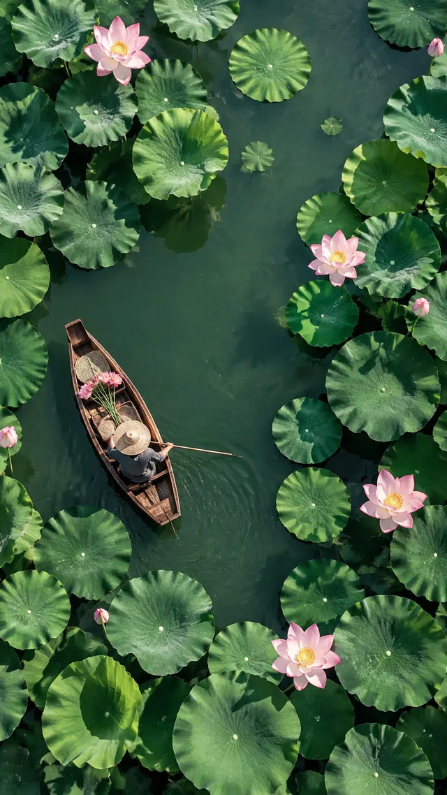 需要一张俯视图，一张渔夫在莲花池划船的场景，符合立夏的高分辨率专业照片，简约，商业摄影，干净的背景，创意产品摄影，...