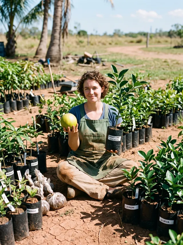 A nursery worker sits cross-legged on dry reddish soil, g...