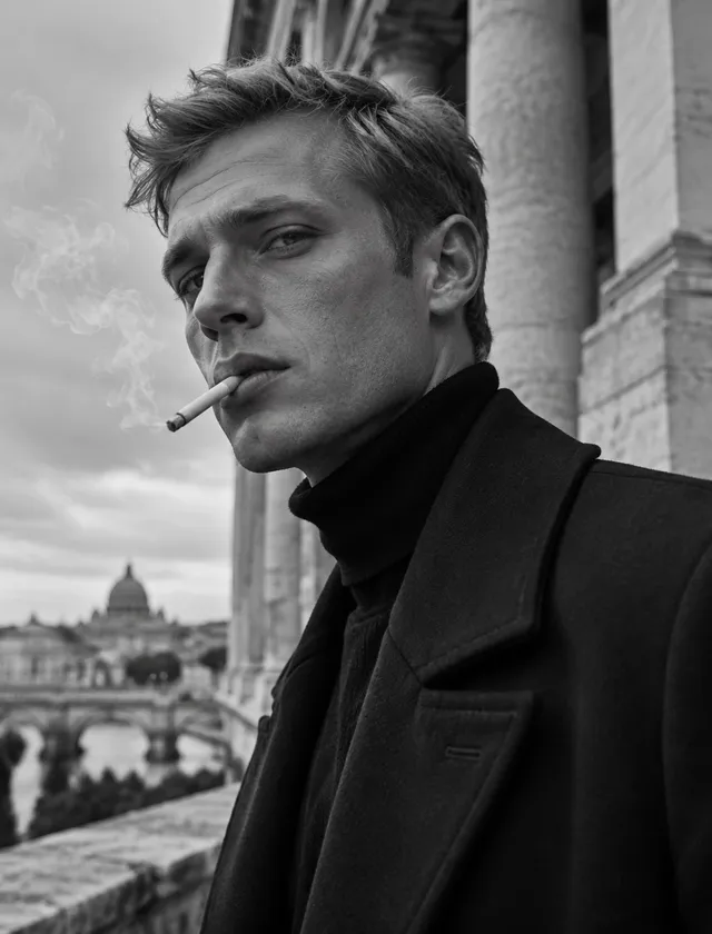 Ultra-realistic fashion black and white portrait of a man...