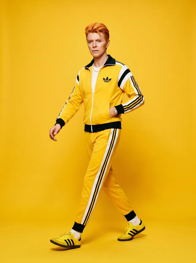 Un anuncio editorial de moda de alta calidad con pantalla amarilla. La imagen muestra como modelo a david bowie con chándal y ropa
