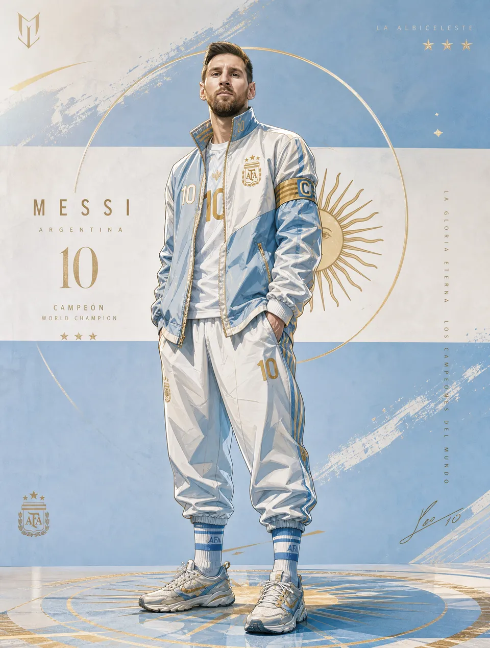 پرامپت سه‌بعدی با چت جی پی تی GPT Image : 你的任务是将Lionel Messi / 梅西重新设计成一张高级、干净、时尚、具有国家队荣耀感… - ساخته‌شده با چت جی پی تی GPT…