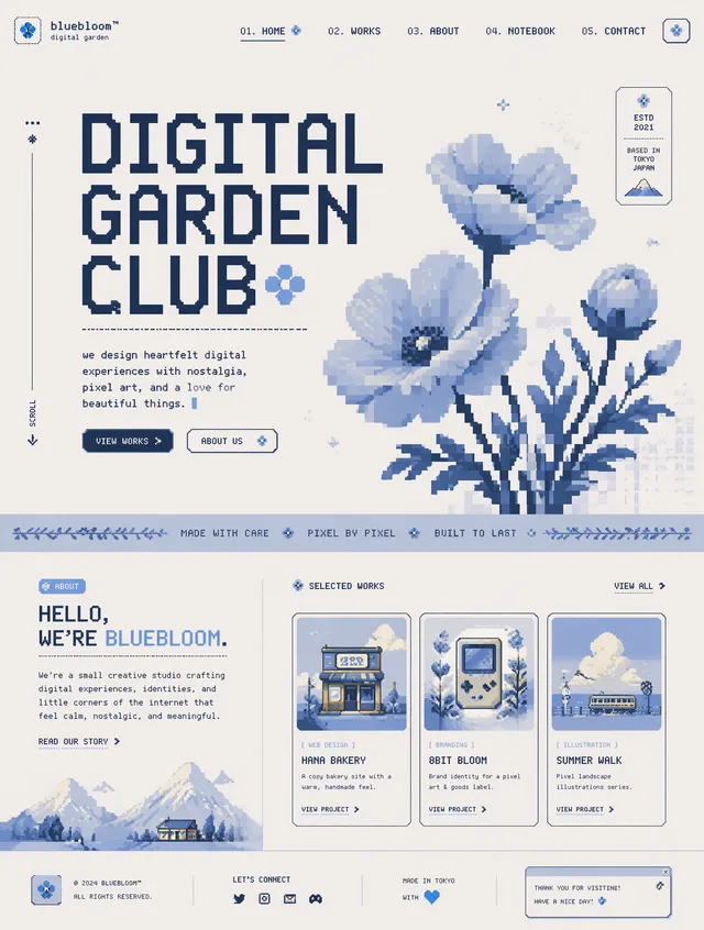 Design a premium creative website inspired by retro pixel...