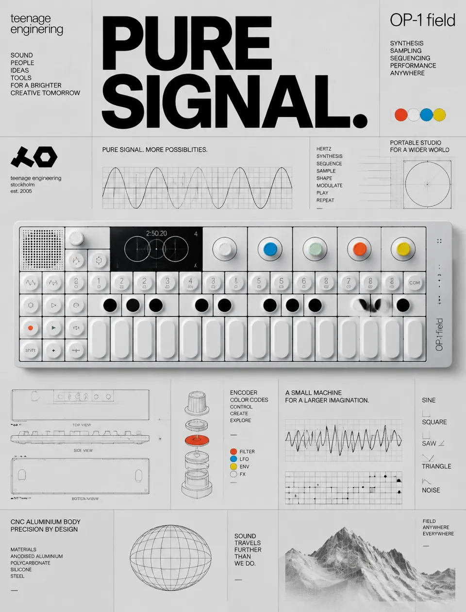 پرامپت طراحی با چت جی پی تی GPT Image : 提示词：Teenage Engineering "PURE SIGNAL" 包豪斯机能海报… - ساخته‌شده با چت جی پی تی GPT Image