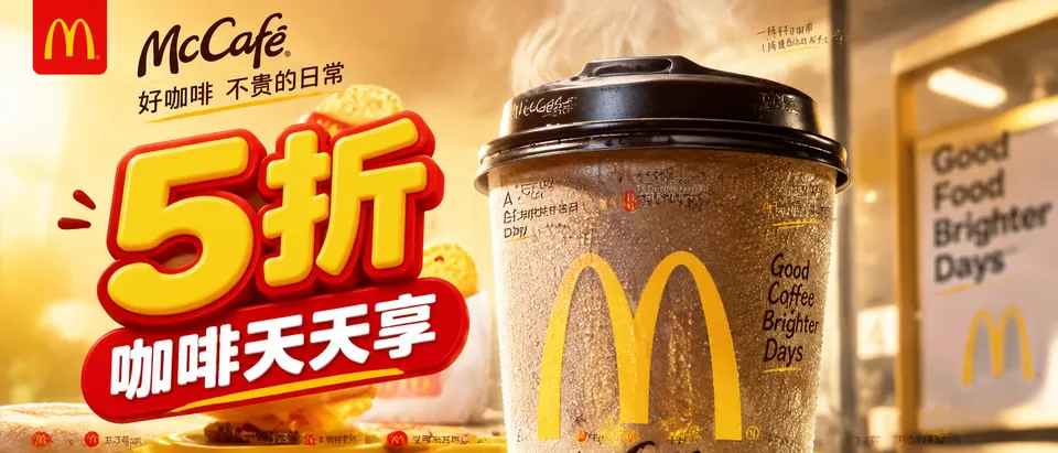 پرامپت محصول با چت جی پی تی GPT Image : 麦当劳 McCafé「咖啡天天5折」【格式】高端快餐连锁社交媒体广告，4:5… - ساخته‌شده با چت جی پی تی GPT Image