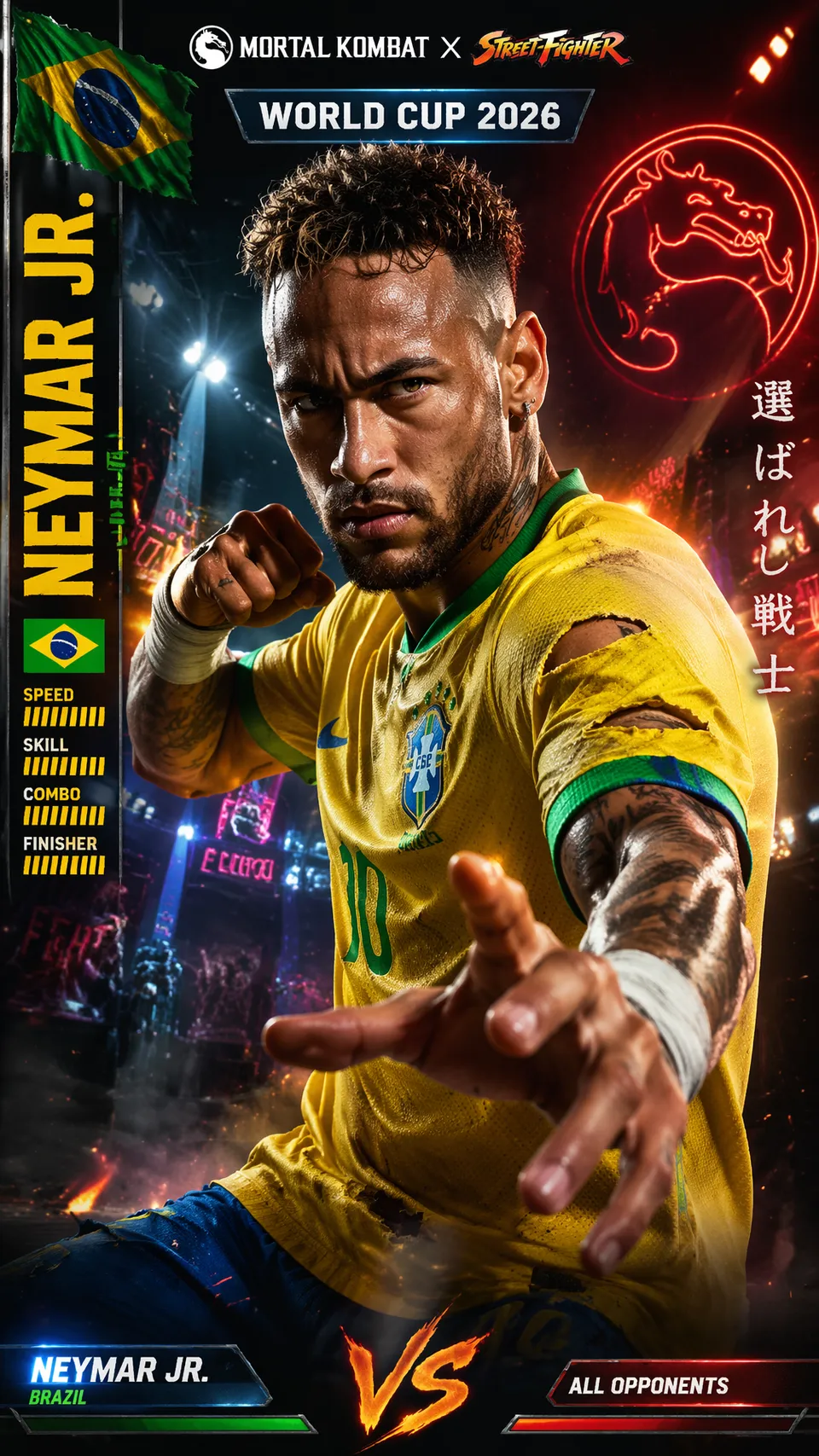 پرامپت طراحی با چت جی پی تی GPT Image : Brazil — Neymar Jr. — Mortal Kombat meets… - ساخته‌شده با چت جی پی تی GPT Image